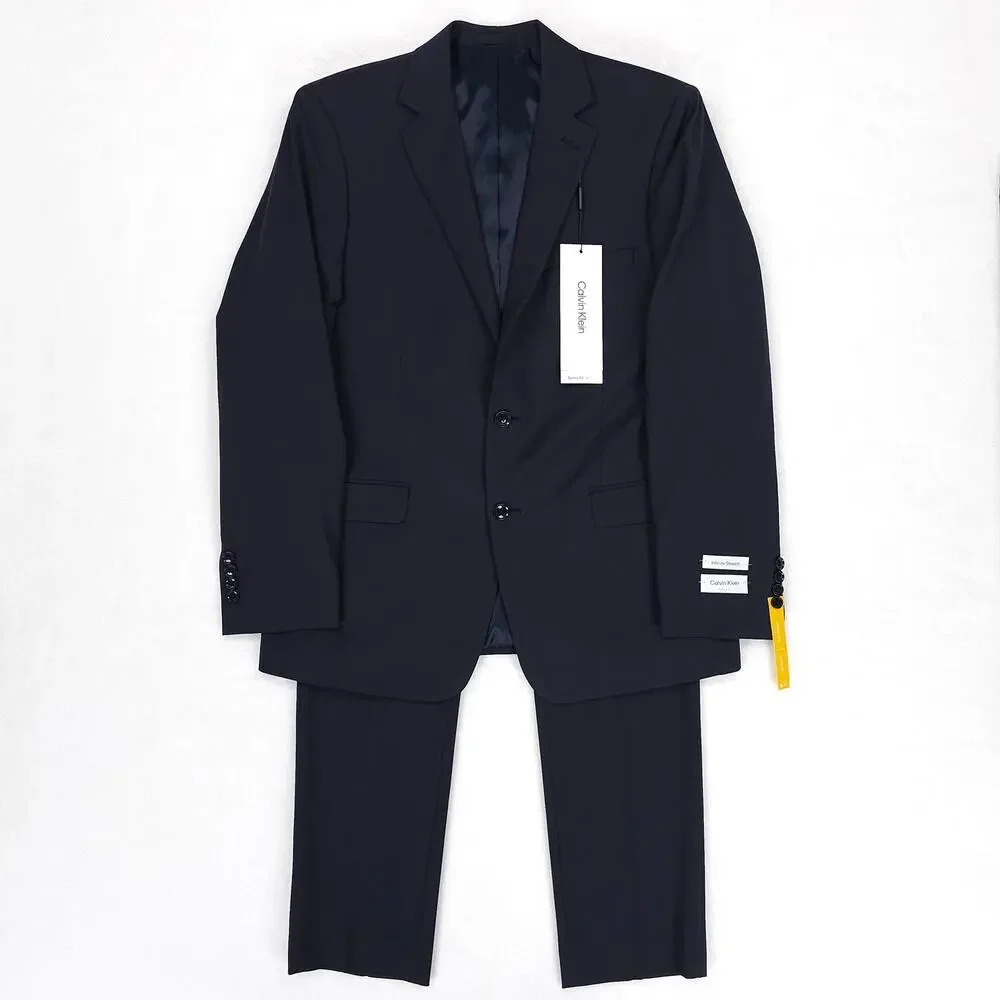 Calvin Klein Mens Skinny Fit 2 Piece Suit 46R 38x32 Navy Blue Solid Stretch Wool